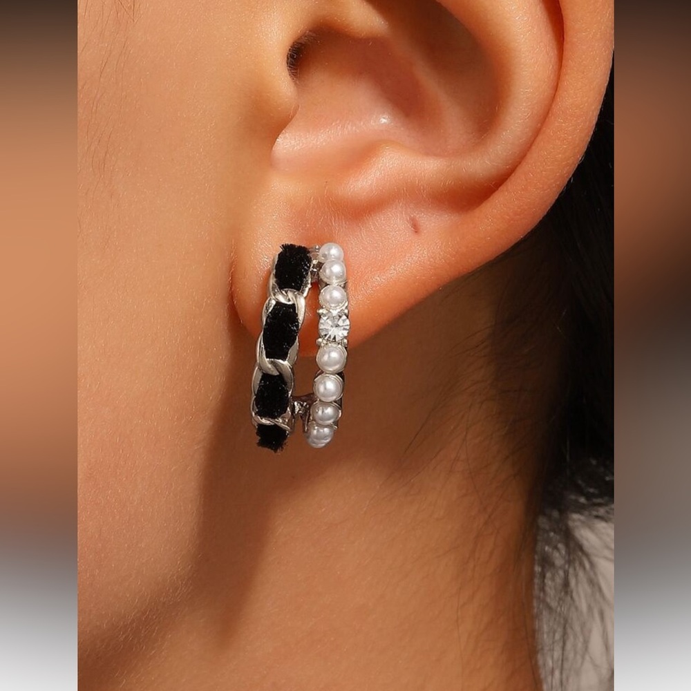Black Velvet Thread Faux Pearl Double Hoop Huggie Earrings NWT